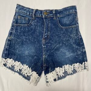 Denim Shorts Raw Hem Eyelet Lace Trim Distressed Trendy Booty Chic Size M